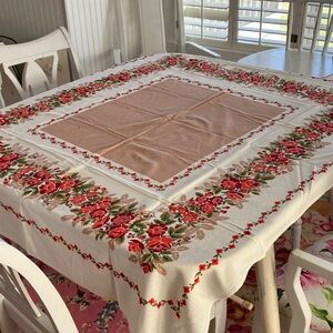 Vintage Floral Border Cotton Tablecloth in Cream and Red With Taupe Center